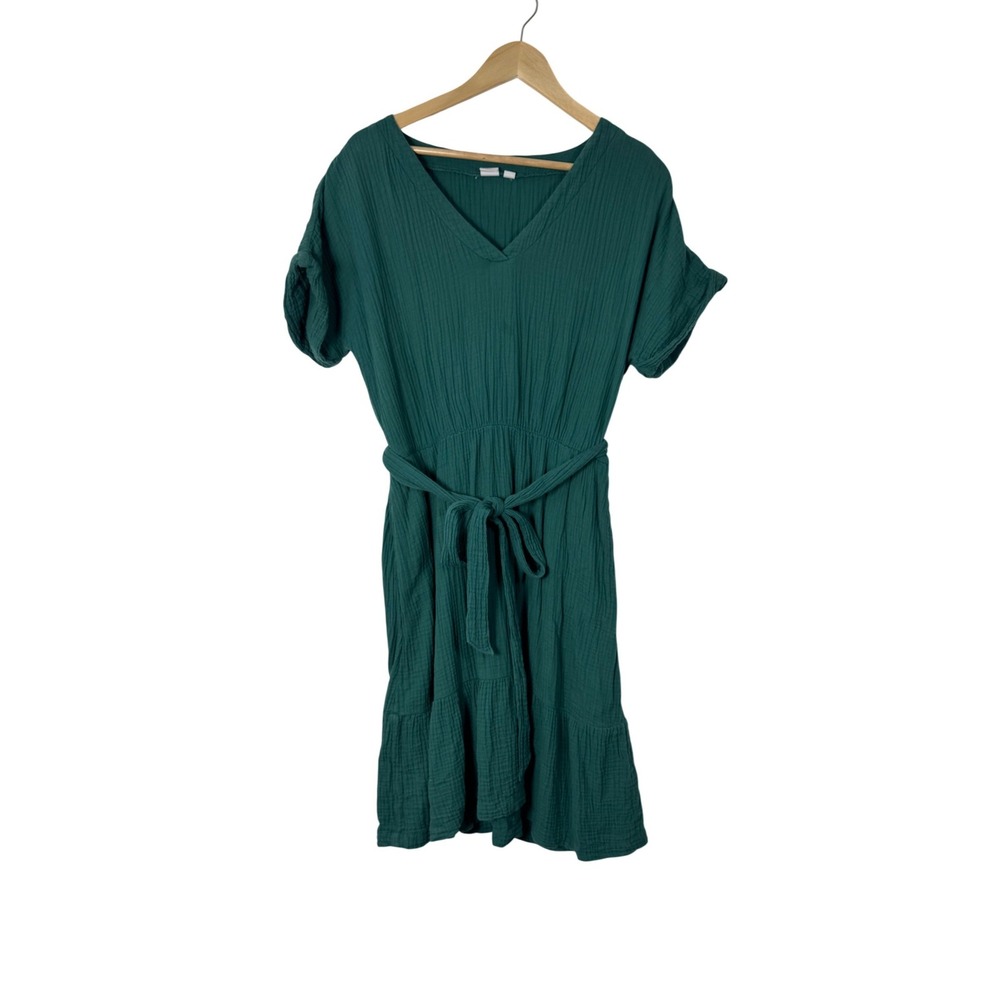 Boho Gap Womens Medium Tall Gauze Mini Dress Teal Green V-Neck Tiered Belted